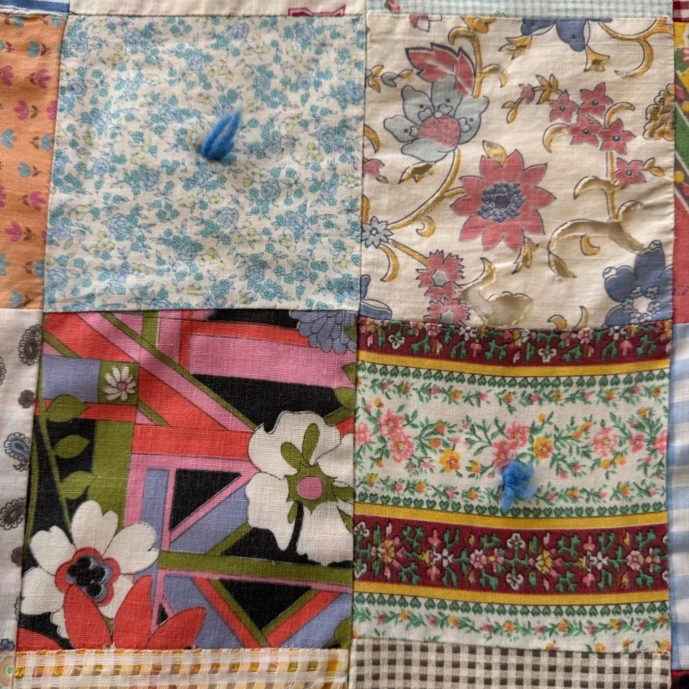 Handmade Vintage tied one-patch Quilt Throw Multicolor Blanket 83x72